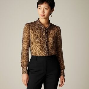 J.Crew Ruffle Button-Up Shirt in Leopard-Print Crinkle Chiffon – Size 10 – NWT